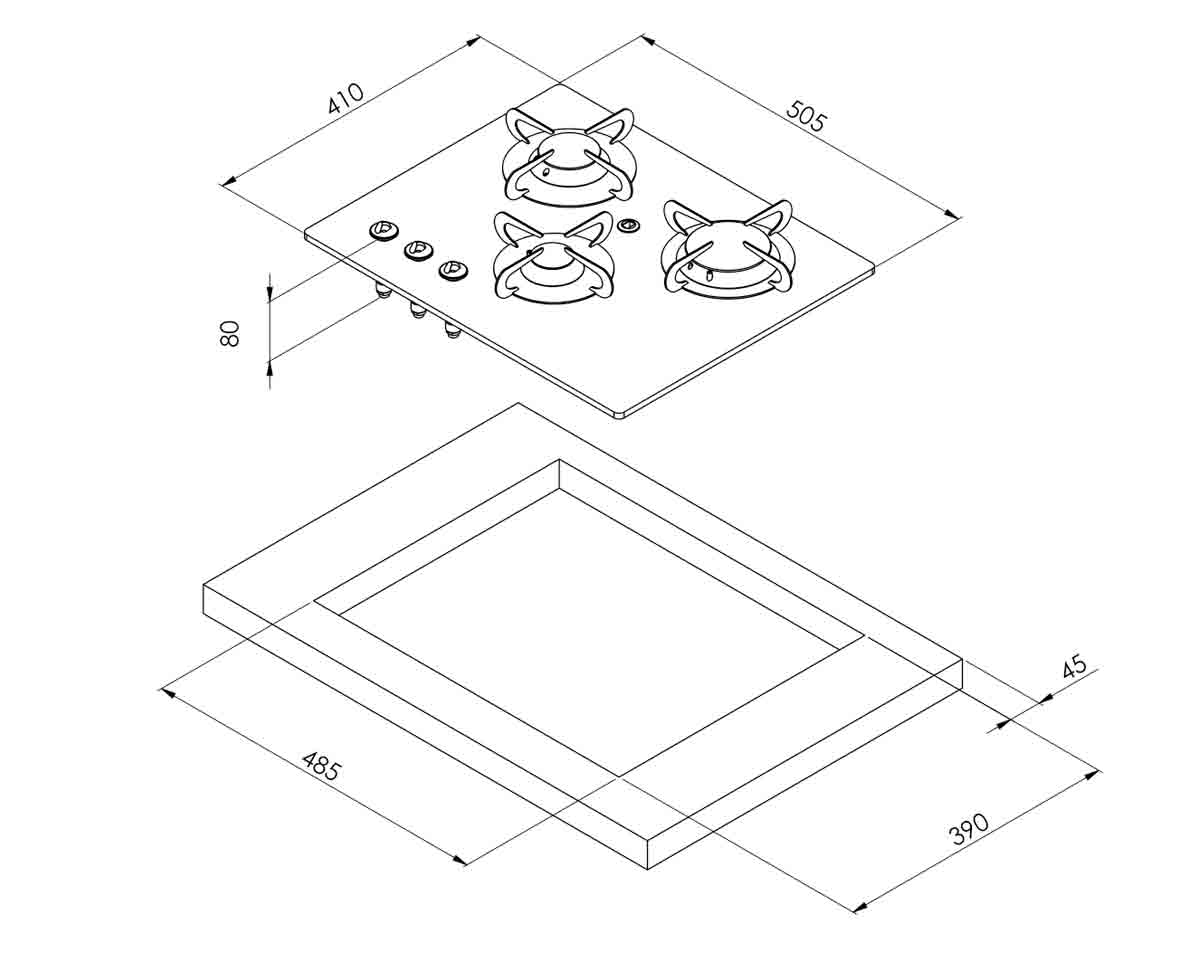 Piano a gas 3 fuochi 505 x 410 mm